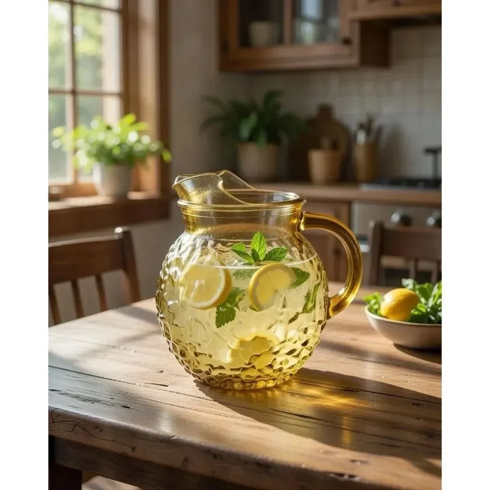 VINTAGE ANCHOR HOCKING LIDO MILANO AMBER BUBBLE CRINKLE PITCHER WITH ICE GAURD